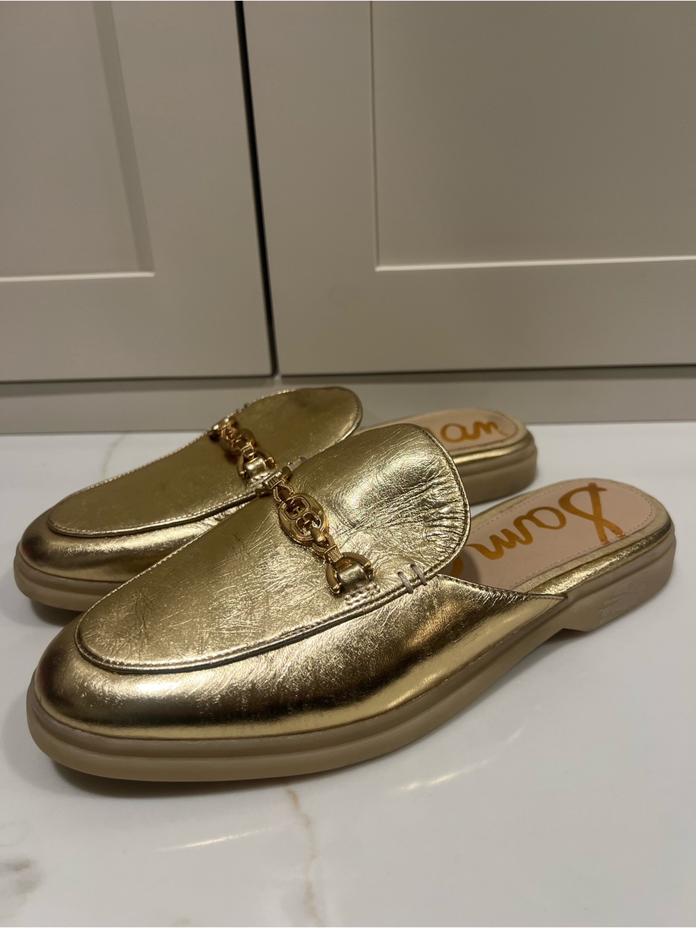 Sam Edelman Gold Metallic Slip-On Mule Loafer with Chain Accent